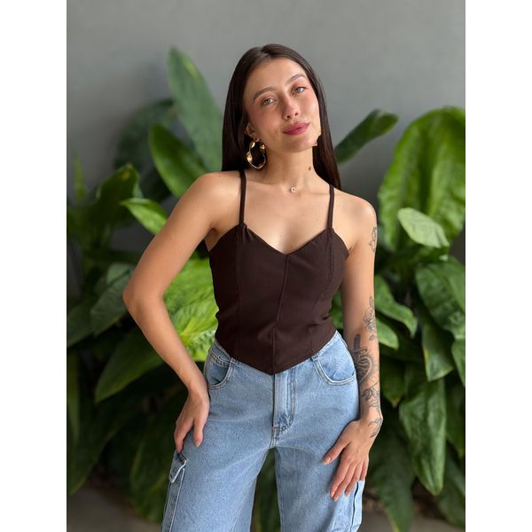 Cropped Renata Alças Finas em Bengaline MARROM