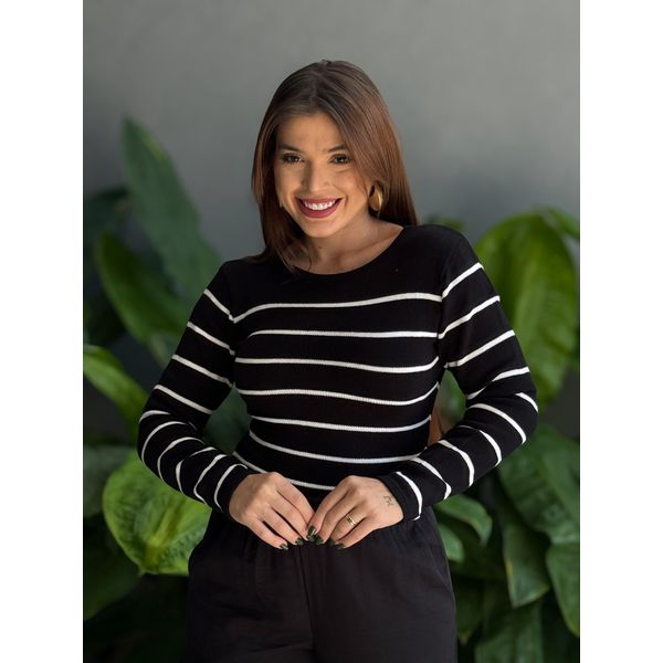 Tricot Listras Cassia PRETO COM BRANCO