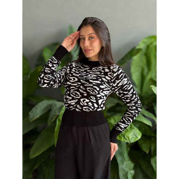 Tricot Manga Longa Animal Print PRETO E BRANCO