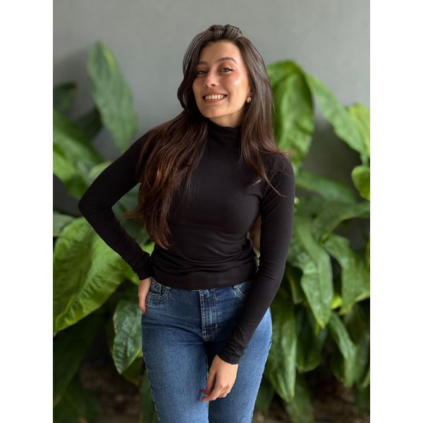 Blusa Segunda Pele Manga Longa em Viscolycra Gola Alta PRETO