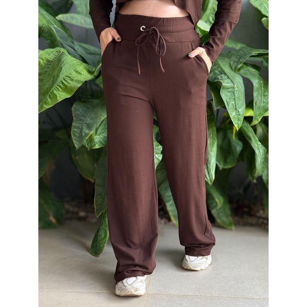 Calça Pantalona em Moletinho com elástico no cós MARROM