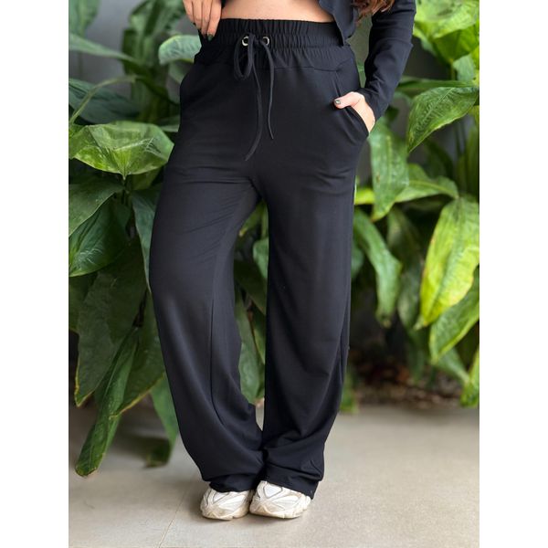 Calça Pantalona em Moletinho com elástico no cós PRETO