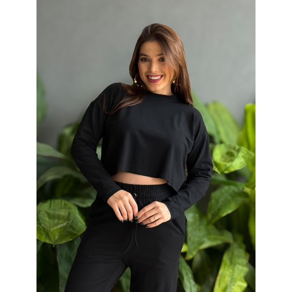 Blusa Milena Manga Longa em Moletinho PRETO