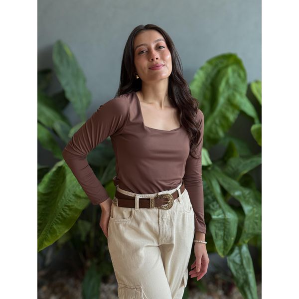 Body Serena Manga Longa Decote Quadrado MARROM