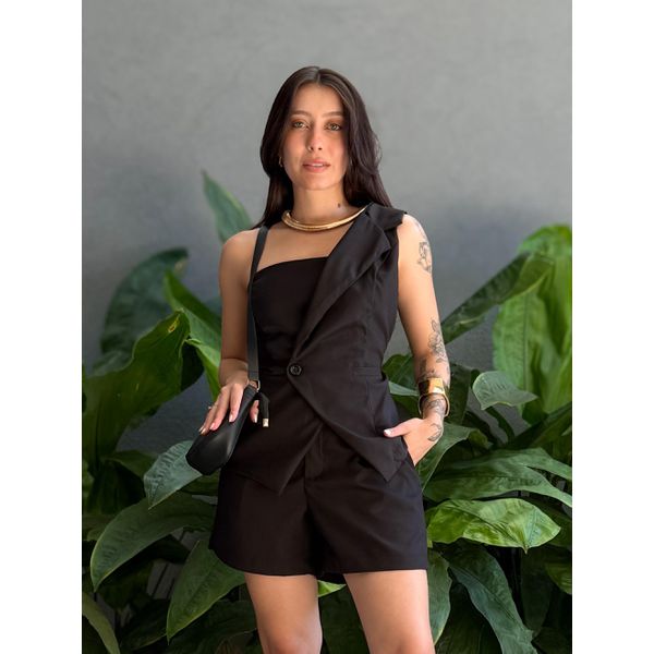 Conjunto Anabela Shorts e Blusa em Alfaiataria PRETO