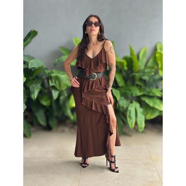 Vestido Midi Valeria Viscolinho MARROM