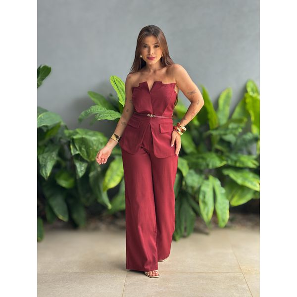 Conjunto Elora Calça Pantalona e Blusa Sem Alças em Alfaiataria MARSALA