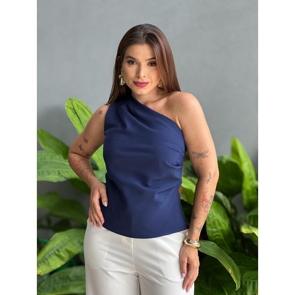 Blusa Nula Manga em Alfaiataria AZUL MARINHO