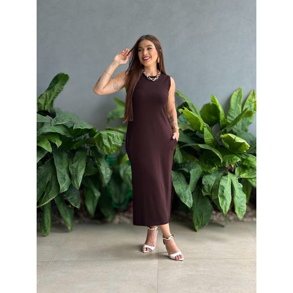 Vestido Longo Cavado Malha Premium MARROM ESCURO
