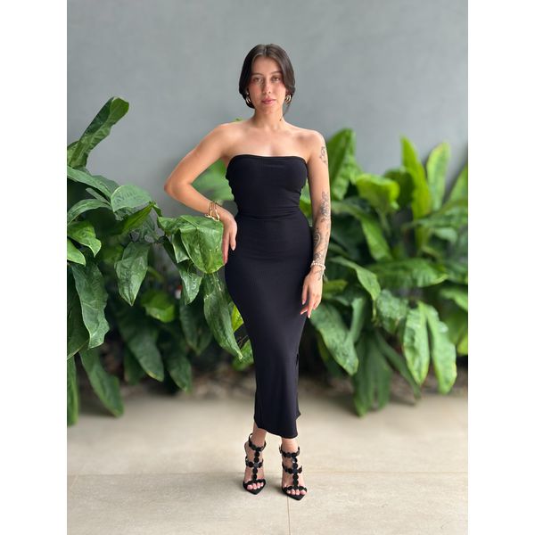 Vestido Mabel Midi Decote Sem Alças Costas Cruzadas PRETO
