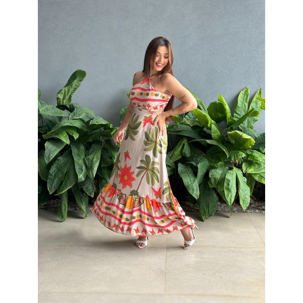 Vestido Longo Rafaela ESTAMPADO BEGE COM LARANJA