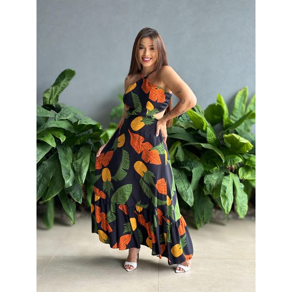 Vestido Longo Rafaela ESTAMPADO PRETO COM LARANJA