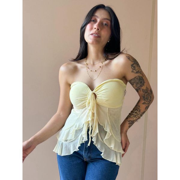 Blusa Bata Sem Alças em Tule AMARELO MANTEIGA