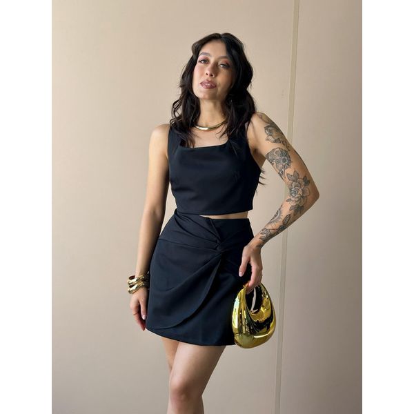 Conjunto Ayla Cropped e Shorts Saia em Alfaiataria PRETO
