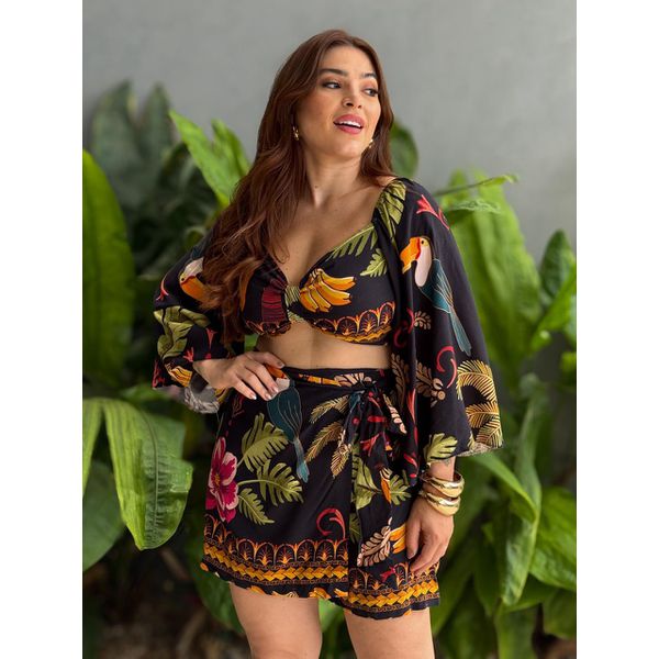 Conjunto Karina Cropped e Shorts ESTAMPADO PRETO COM VERMELHO E MARROM