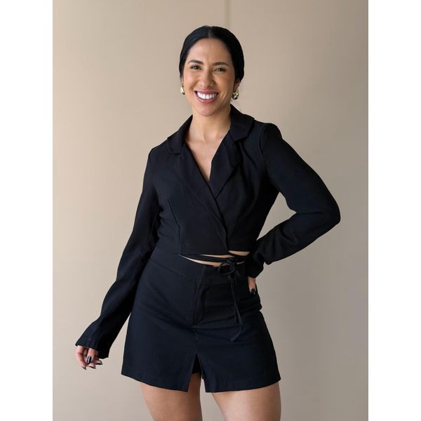 Conjunto linho Cropped e Shorts Saia PRETO
