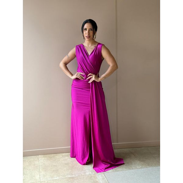 Vestido Longo Sasha Decote em V FÚCSIA