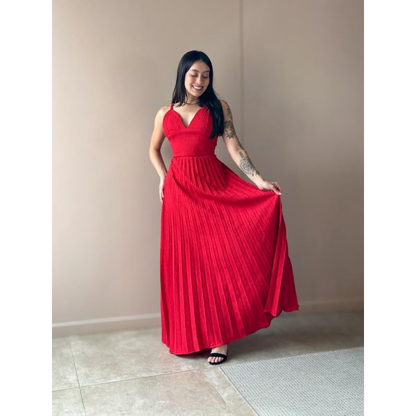 Vestido Longo Tainara Decote V Plissado Texturizado VERMELHO