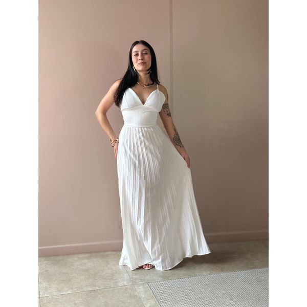 Vestido Longo Tainara Decote V Plissado Texturizado OFF WHITE