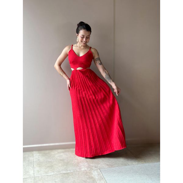 Vestido Longo Tania Plissado Abertura Abaixo do Busto VERMELHO