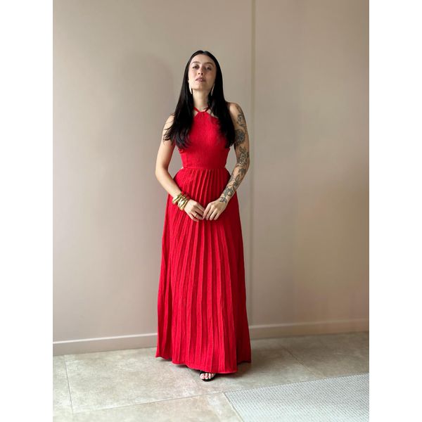 Vestido Longo Tatiana Plissado Decote Alto VERMELHO
