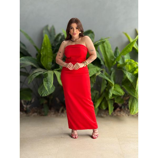 Vestido Midi Adriana Decote Sem Alças em Alfaiataria VERMELHO