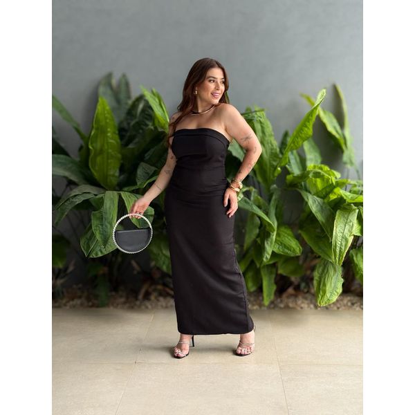 Vestido Midi Adriana Decote Sem Alças em Alfaiataria PRETO