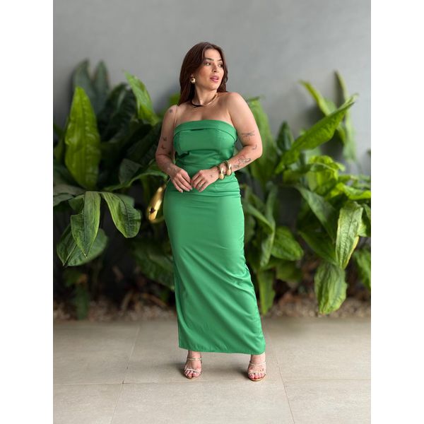 Vestido Midi Adriana Decote Sem Alças em Alfaiataria VERDE BANDEIRA