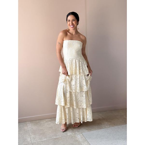 Vestido Midi Cristal Sem Alças em Renda CREME