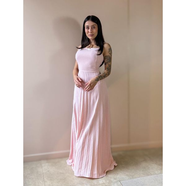 Vestido Longo Tamara Plissado Decote Reto ROSA BEBE