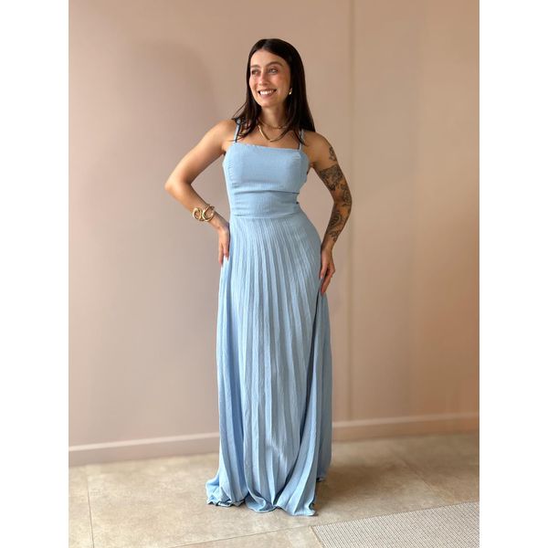 Vestido Longo Tamara Plissado Decote Reto AZUL CLARO
