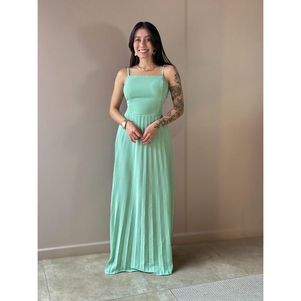 Vestido Longo Tamara Plissado Decote Reto VERDE MENTA