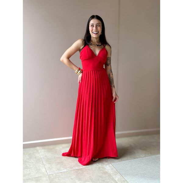 Vestido Longo Telma Plissado em Crepe Decote V VERMELHO