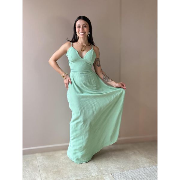 Vestido Longo Telma Plissado em Crepe Decote V VERDE MENTA