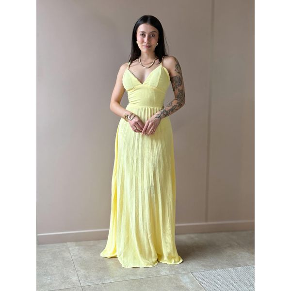 Vestido Longo Telma Plissado em Crepe Decote V AMARELO
