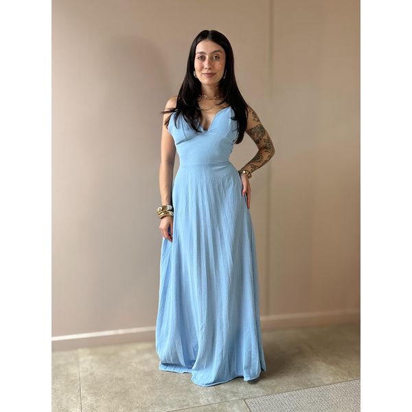 Vestido Longo Telma Plissado em Crepe Decote V AZUL CLARO