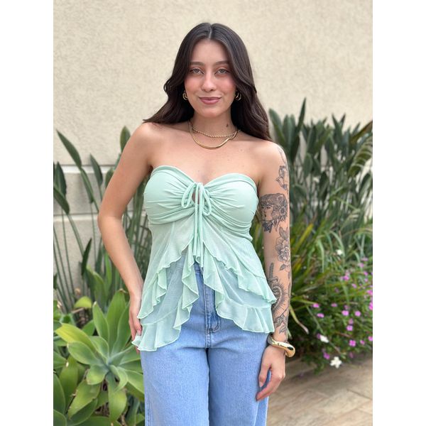 Blusa Bata Sem Alças em Tule VERDE MENTA