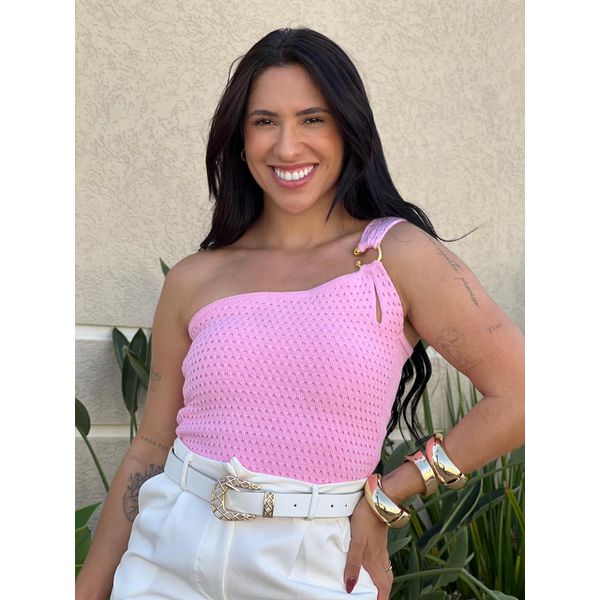 Blusa Nula Manga Tricot com Detalhe em Ferragem ROSA CLARO
