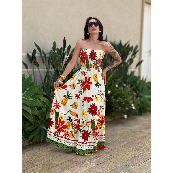 Vestido Dora Midi sem Alças ESTAMPADO BEGE COM VERMELHO