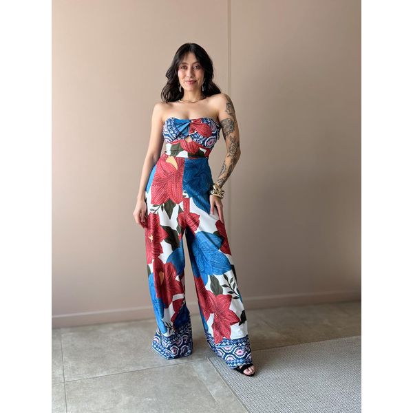 Macacão Longo Beatriz Decote Sem Alças ESTAMPADO AZUL COM VERMELHO