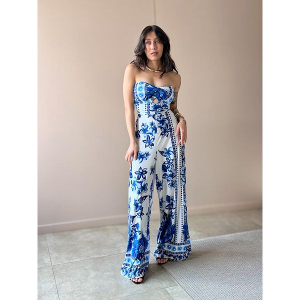 Macacão Longo Beatriz Decote Sem Alças ESTAMPADO BRANCO COM AZUL 