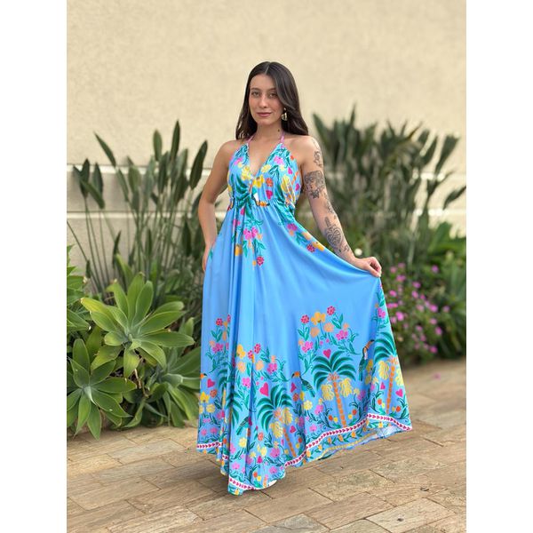 Vestido Midi Monique ESTAMPADO AZUL CLARO COM ROSA