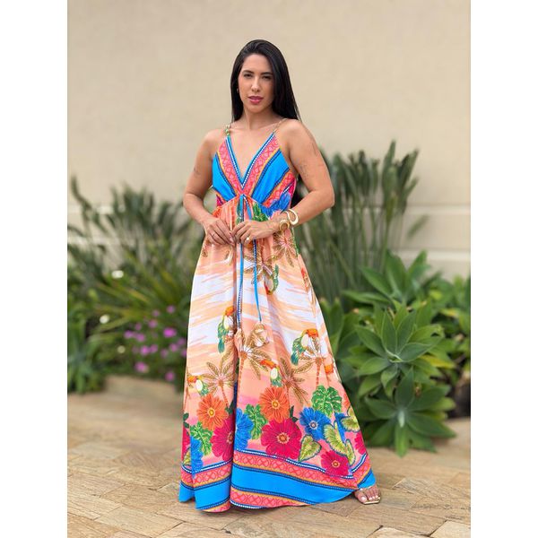 Vestido Longo Samanta ESTAMPADO AZUL E LARANJA