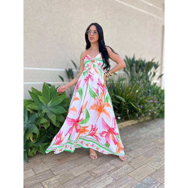Vestido Longo Bruna ESTAMPADO ROSA COM LARANJA