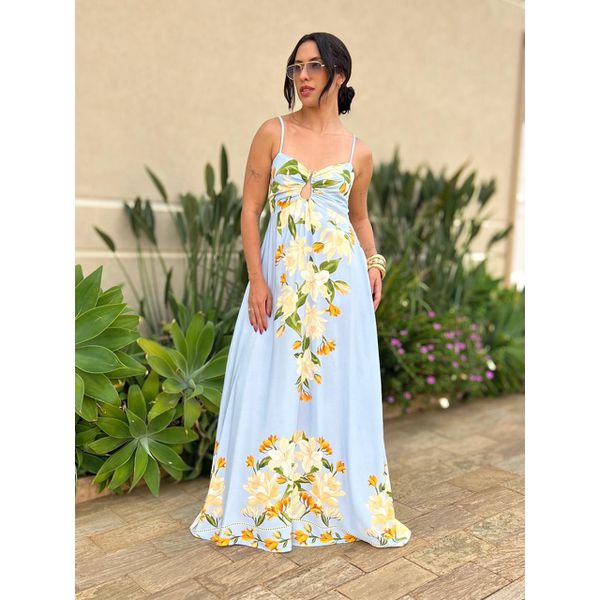 Vestido Longo Marieta ESTAMPADO AZUL CLARO COM AMARELO