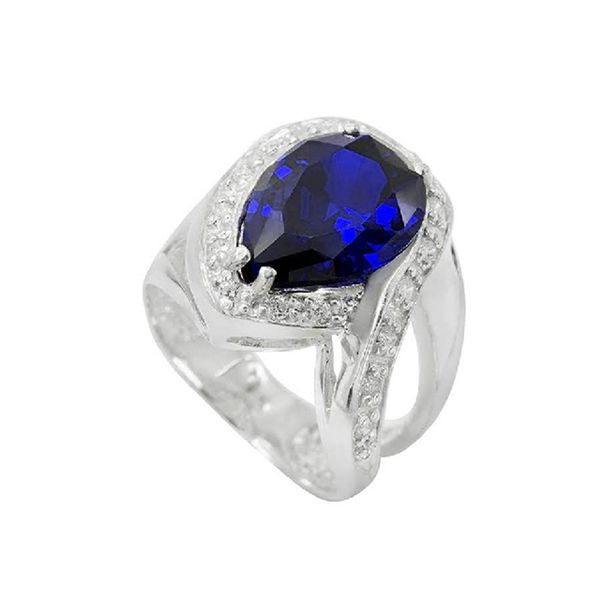 Anel Em Prata 950 Feminino Com Pedra Zircônia Gota Cor Azul Safira