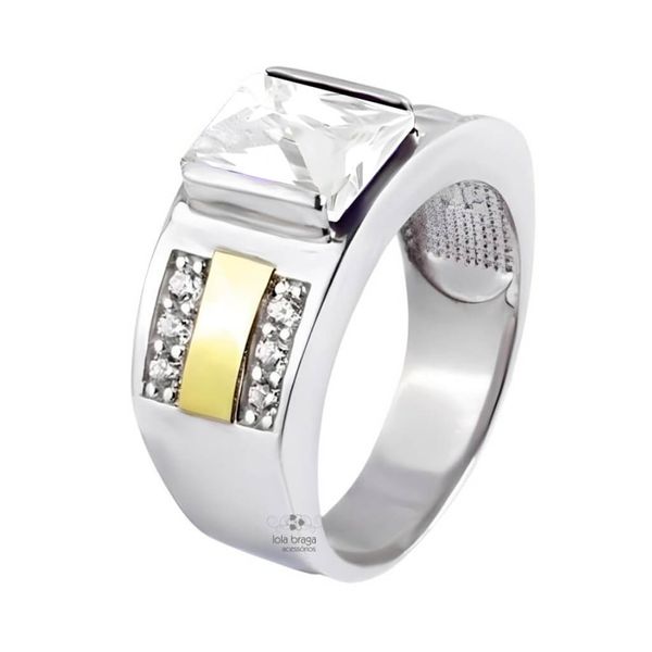 Anel Em Prata 950 Masculino Com Pedras e 2 Filetes De Ouro 12k