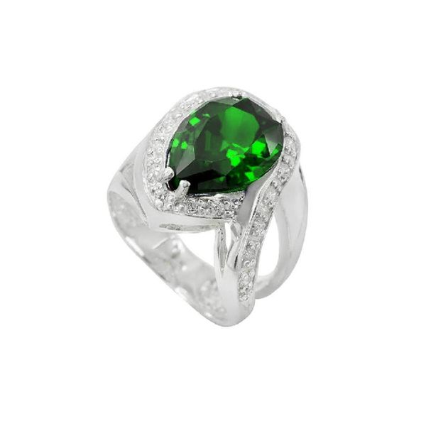 ANEL EM PRATA 950 FEMININO COM PEDRA ZIRCÔNIA GOTA COR VERDE ESMERALDA