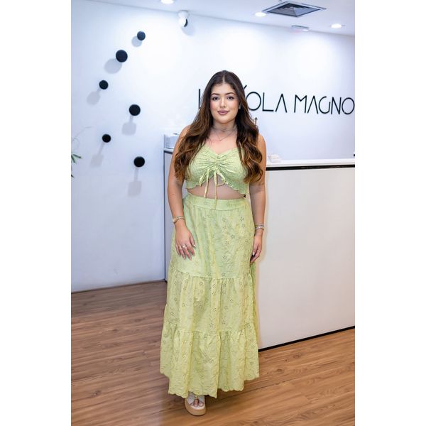 Conjunto Zoé Verde em Lese | Cropped com Alças Reguláveis e Saia com Fenda – Leveza e Feminilidade do 36 ao 44