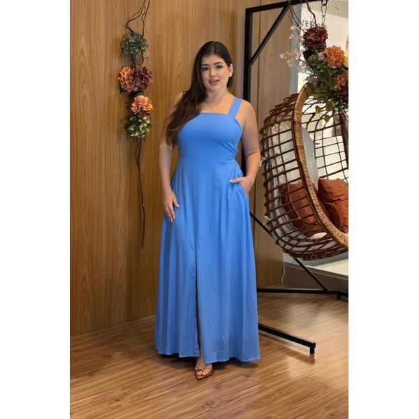 Vestido Longo Letícia em Tecido Linho Azul | Modelagem Casual com Fenda e Bolsos Laterais (36 ao 46)